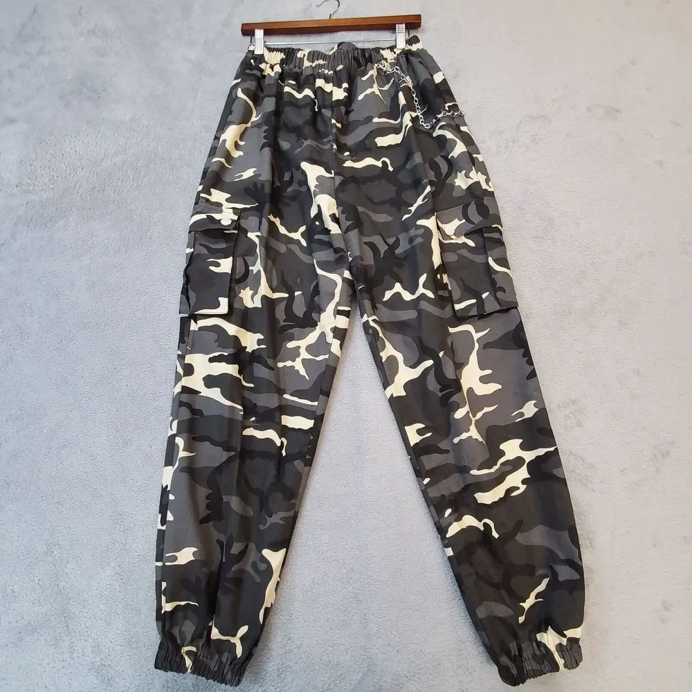 Shein‎ Curve Cargo Pants Womens 0XL 12 Black Gray Cream Camo Print Elastic Waist